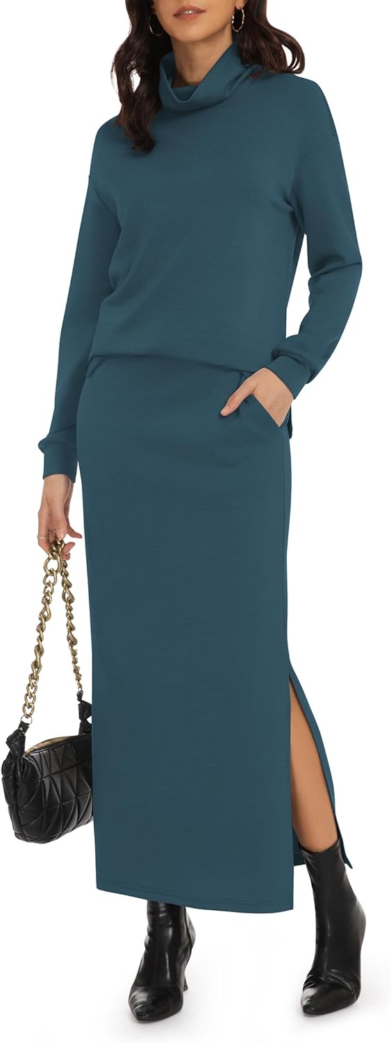 Casly Lamiit Women's 2 Piece Skirt Set Turtleneck Tops Long Skirt Matching Outfits with Pockets Fall Loungewear
