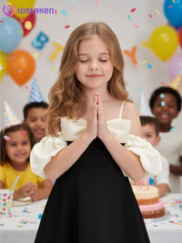 WELAKEN Girls Black Formal Dress – Elegant Midi Dress for Parties or Special Occasions