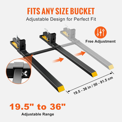 VEVOR Pallet Forks, 4000 lbs Clamp on Pallet Forks, 60" Total Length Heavy Duty Pallet Forks with Adjustable Stabilizer Bar, Tractor Bucket Forks for Loader Bucket Skid Steer Tractor