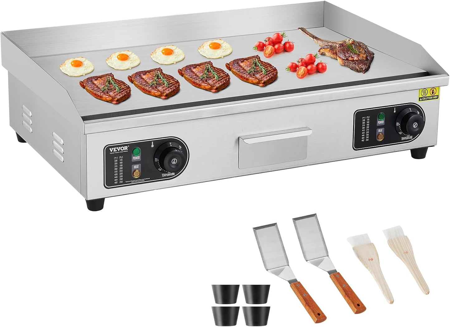 VEVOR Commercial Electric Griddle, 1600W Countertop Half-Flat Top Grill, 22in Stainless Steel Griddle Grill with 2 Shovels and 2 Brushes for Home or Restaurant, 122℉-572℉ Adjustable Temp