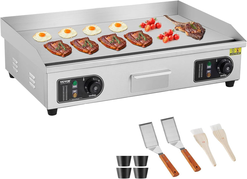 VEVOR Commercial Electric Griddle, 1600W Countertop Half-Flat Top Grill, 22in Stainless Steel Griddle Grill with 2 Shovels and 2 Brushes for Home or Restaurant, 122℉-572℉ Adjustable Temp