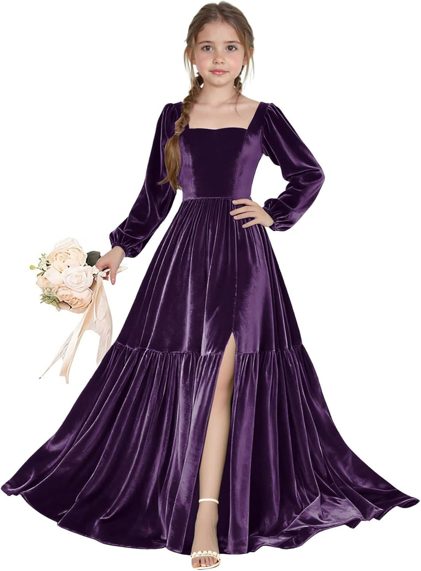 Long Sleeve Velvet Junior Bridesmaid Dresses Girls Holiday Dresses with Slit Christmas Maxi Dress Formal Party Gown
