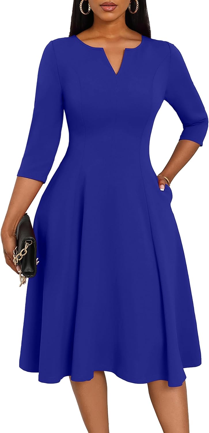 Nmoder Midi Dresses for Women A-Line Fit and Flare Dress 3/4 Sleeve V Neck Cocktail Wedding Guest Work Dress with Pockets