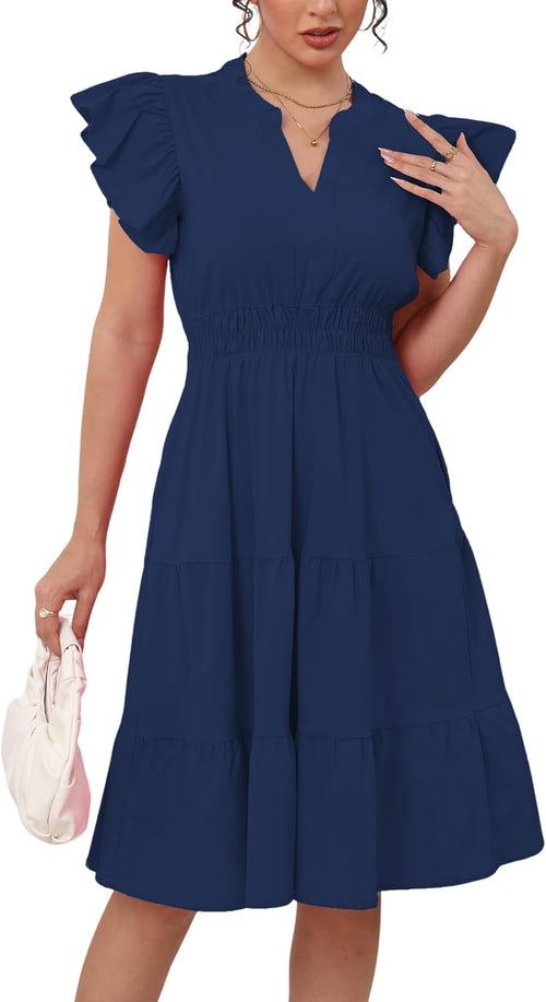 Women's Summer Midi Dresses Casual Ruffle Sleeve V-Neck Flowy Tiered Beach Vacation Party Sundress