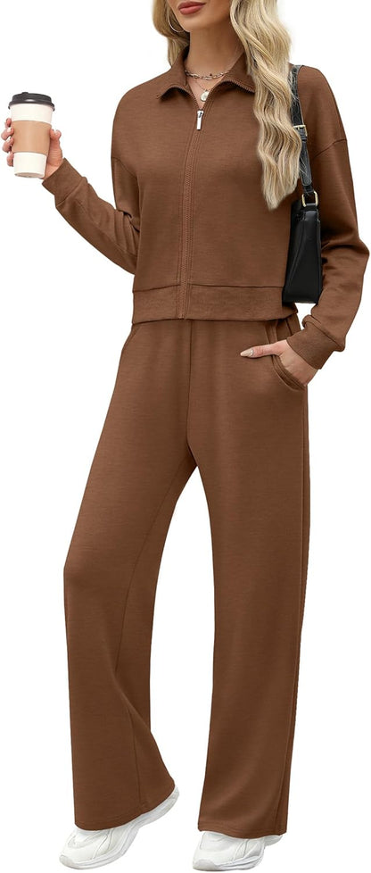 XIEERDUO Lounge Sets for Women 2025 Sweatsuit 2 Piece Outfits Sweatshirt Wide Leg Sweatpant Tracksuit Matching Set