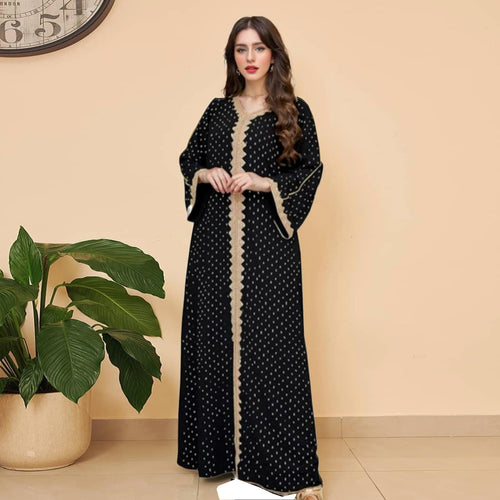 Boedaty Women Summer Muslim Abaya Dress One-Piece Embroidered V Neck Bronzing Kaftan Dress Full Length Party Dress