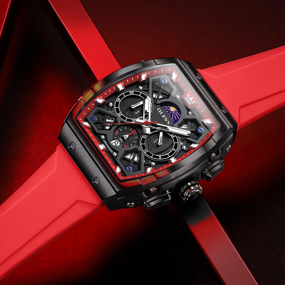 OLEVS Watches Men Chronograph Waterproof Rectangle Face Moon Phase Watches for Men Luminous Quartz Calendar Mens Wrist Watch - Silicon Strap
