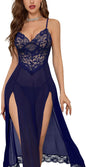 Sexy Split Mesh Lace Floral Sheer Babydoll Lingerie Outfit Dress 2 Piece with Thong Set