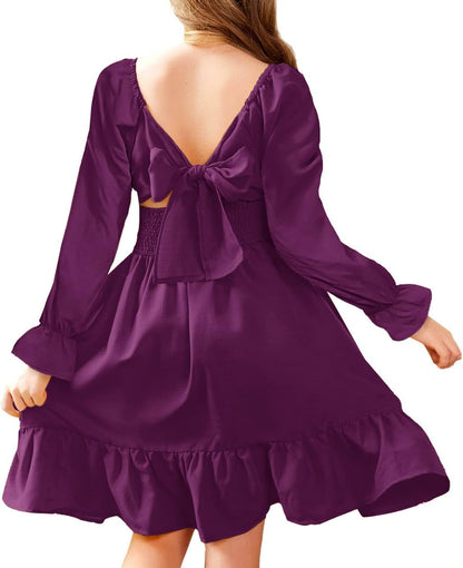 Arshiner Girls Dresses Long Sleeve Tie Back Fall Winter Off Shoulder Dress Kids Clothes