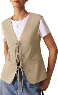 Mina Self 2024 Womens Sleeveless Blazers Vest Front Bow Tie-Up Lace Up V-Neck Fashion Casual Fully Lined Fitted Work Jackets
