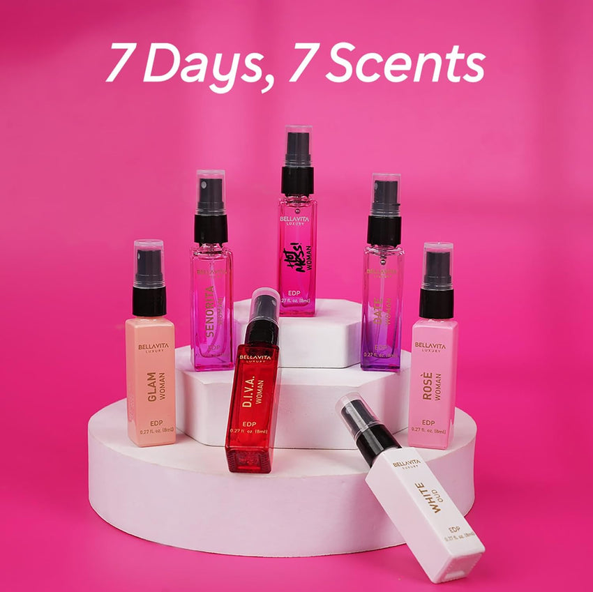 BellaVita Luxury Discovery Set Womens Perfumes (7x8ml) | Mini Perfume Gift Set for Women with Rose, OUD & Pepper Oriented | Compact Long-Lasting Floral Perfumes for Women | Cruelty Free Fragrance