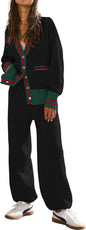 Women's 2 Piece Outfit Lounge Set Trendy Cardigan Sweater Pants Sets V Neck Button Pocket Knit Matching Loungewear