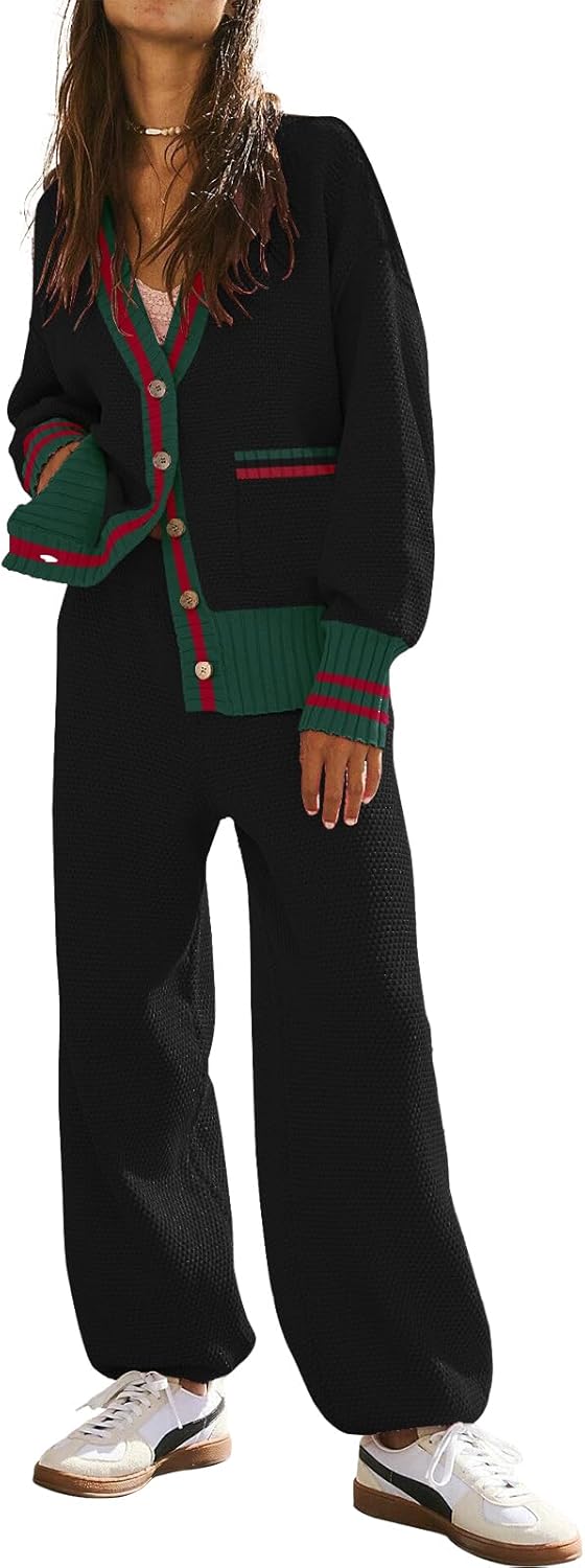 Women's 2 Piece Outfit Lounge Set Trendy Cardigan Sweater Pants Sets V Neck Button Pocket Knit Matching Loungewear