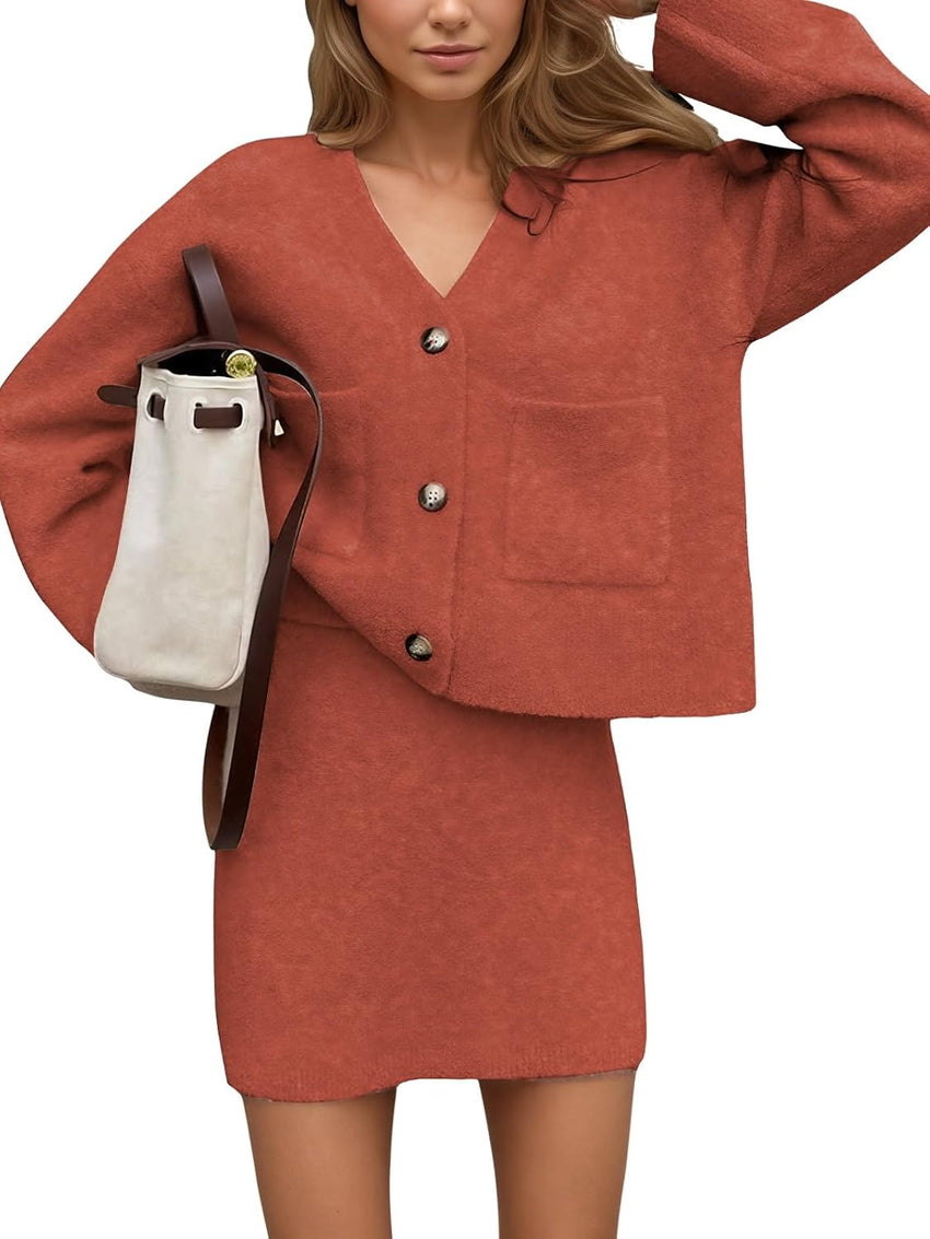 EXLURA Womens 2 Piece Skirt Sweater Sets V Neck Button Up Cardigan Mini Skirts Fall Winter Knit Trendy Outfits Pockets 2025