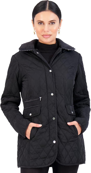 Jones NY Mid-Length Womens Quilted Jacket with Pockets - Winter Coats for Women, Black