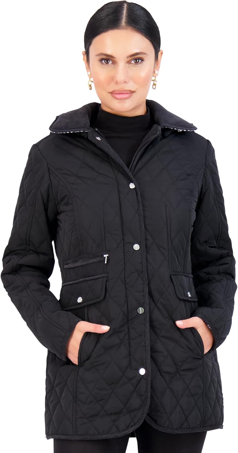 Jones NY Mid-Length Womens Quilted Jacket with Pockets - Winter Coats for Women, Black