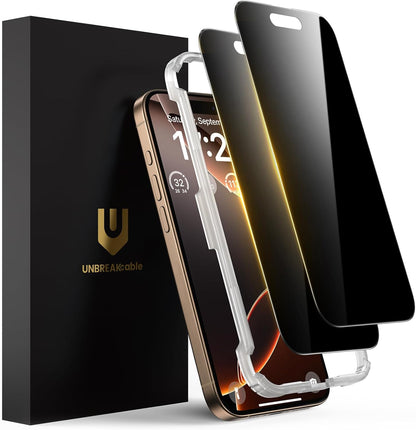 UNBREAKcable Privacy Screen Protector for iPhone 16 Pro Max, Anti-Spy Shatterproof Tempered Glass [True 28°Anti Spy] [9H Hardness] [Easy Installation Frame] Black Protector for iPhone 6.9" - 2 Pack