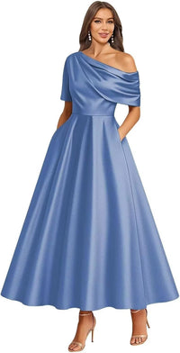 Tea Length Mother of Bride Dresses for Women Satin One Shoulder Wedding Guest Dress Formal Evening Party Gown with Pocket