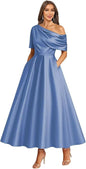 Tea Length Mother of Bride Dresses for Women Satin One Shoulder Wedding Guest Dress Formal Evening Party Gown with Pocket