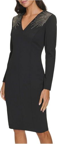 Calvin Klein Womens Long Sleeve V-Neck Embellished Shoulder Scuba Sheath Dress