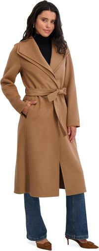 TAHARI Women's Slim Fit Double-Faced Wool Blend Wrap Coat with Tie Belt – Longline Silhouette, Camel, X-Large