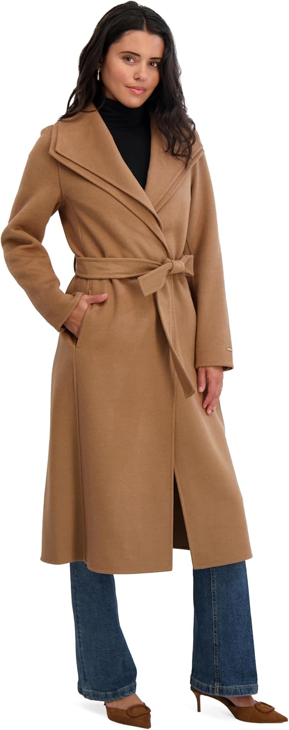 TAHARI Women's Slim Fit Double-Faced Wool Blend Wrap Coat with Tie Belt – Longline Silhouette, Camel, X-Large