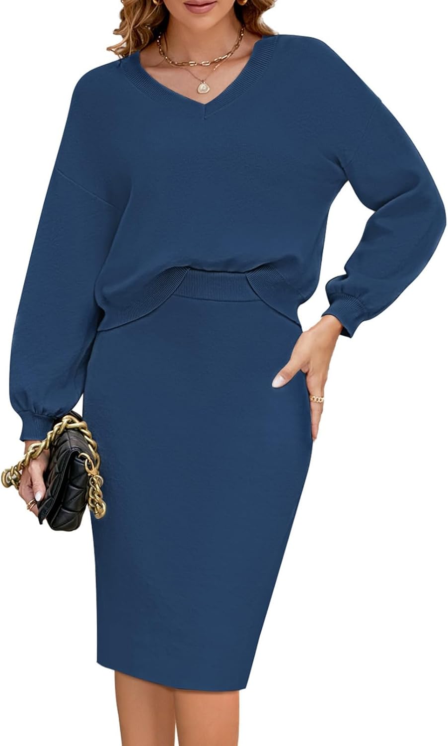 Pink Queen Women's 2 Piece Outfits Set Knit V Neck Batwing Long Sleeve Loose Top Bodycon Midi Skirt Sweater Dresses