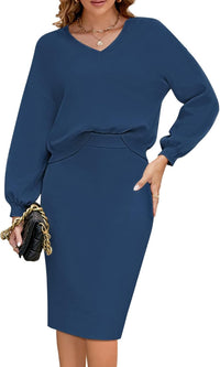 Pink Queen Women's 2 Piece Outfits Set Knit V Neck Batwing Long Sleeve Loose Top Bodycon Midi Skirt Sweater Dresses