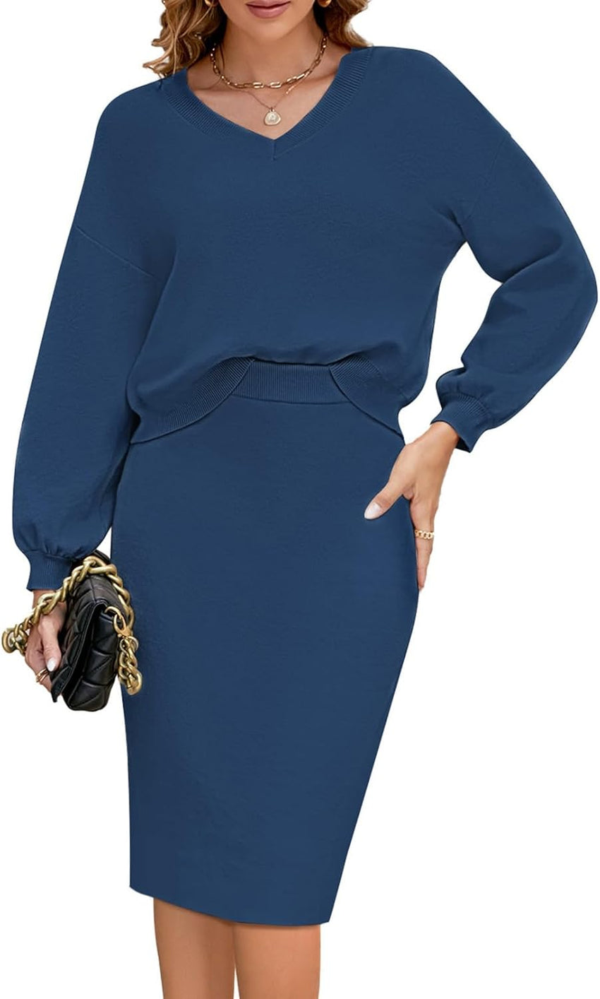 Pink Queen Women's 2 Piece Outfits Set Knit V Neck Batwing Long Sleeve Loose Top Bodycon Midi Skirt Sweater Dresses