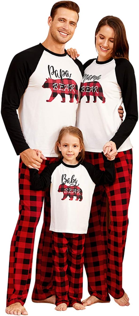 IFFEI Matching Family Pajamas Sets Christmas PJ's Letter Print Top and Plaid Bottom Sleepwear Jammies with Pockets