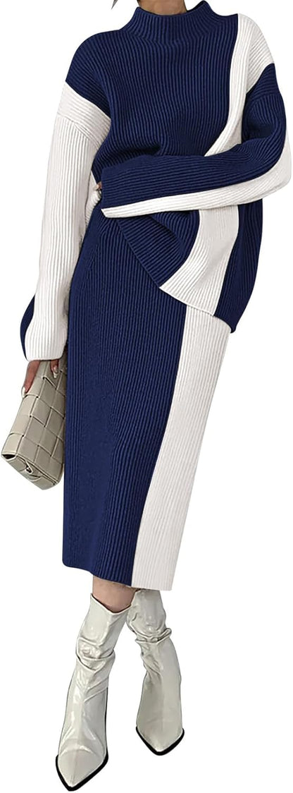 Pink Queen Women's 2 Piece Outfits 2025 Fall Winter Sweater Skirt Set Long Sleeve Oversized Top High Waist Color Block Dress