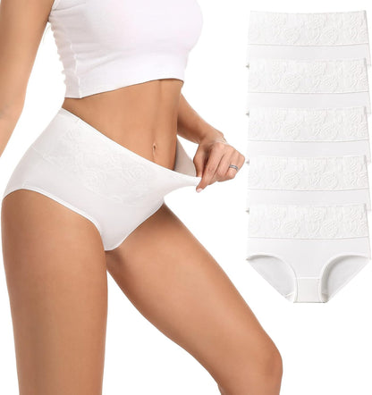 HAVVIS Women's Briefs Underwear Cotton High Waist Tummy Control Panties Rose Jacquard Ladies Panty Multipack