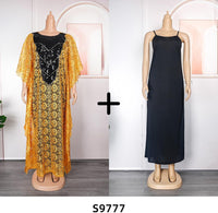 HD Womens African Lace Kaftan Dress Embroidery V Neck Evening Party Gown One Size with Matching Headwrap