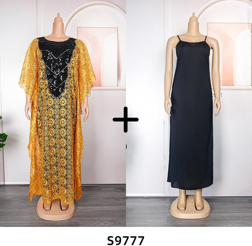 HD Womens African Lace Kaftan Dress Embroidery V Neck Evening Party Gown One Size with Matching Headwrap