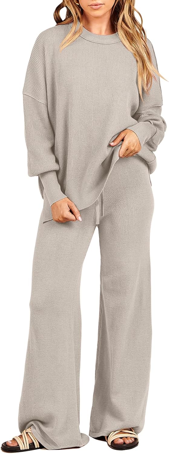 ANRABESS Womens 2 Piece Outfits Fall Lounge Set 2025 Oversized Chunky Knit Sweater Top Wide Leg Pants Loungewear Clothes