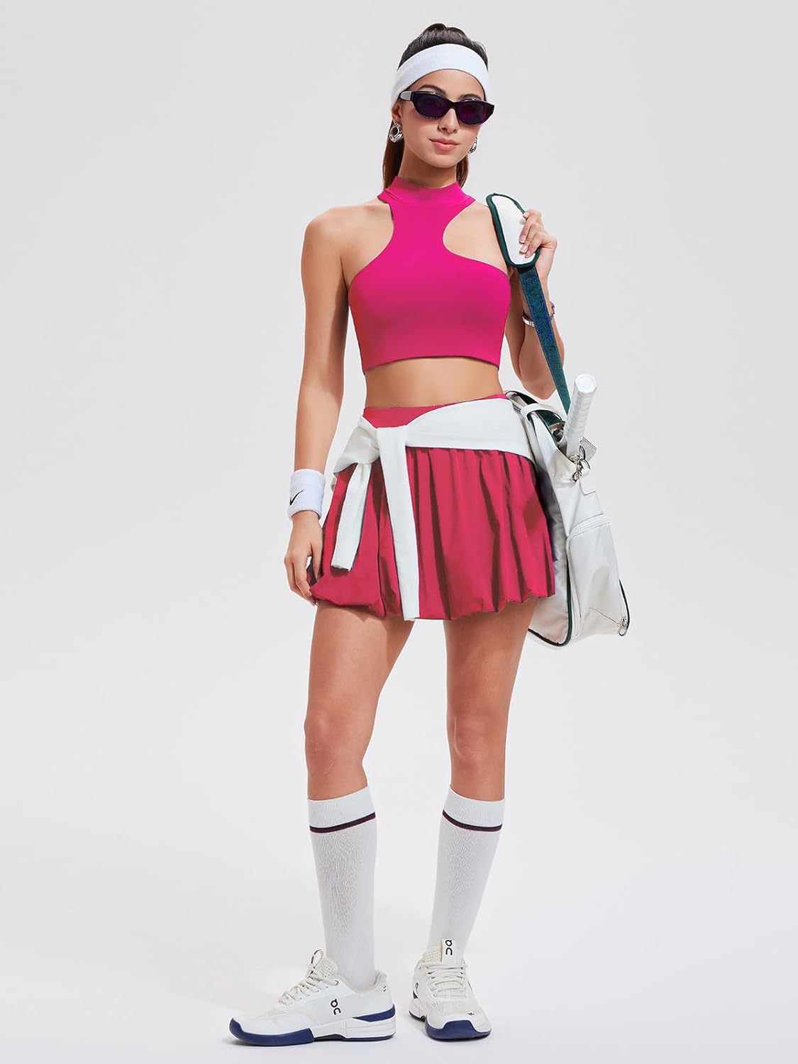 Airfree 2 Piece Sets for Women Tennis Skirt Set Mock Neck Sports Bra Irregular Crop Tank Bubble Skirt Outfits Set