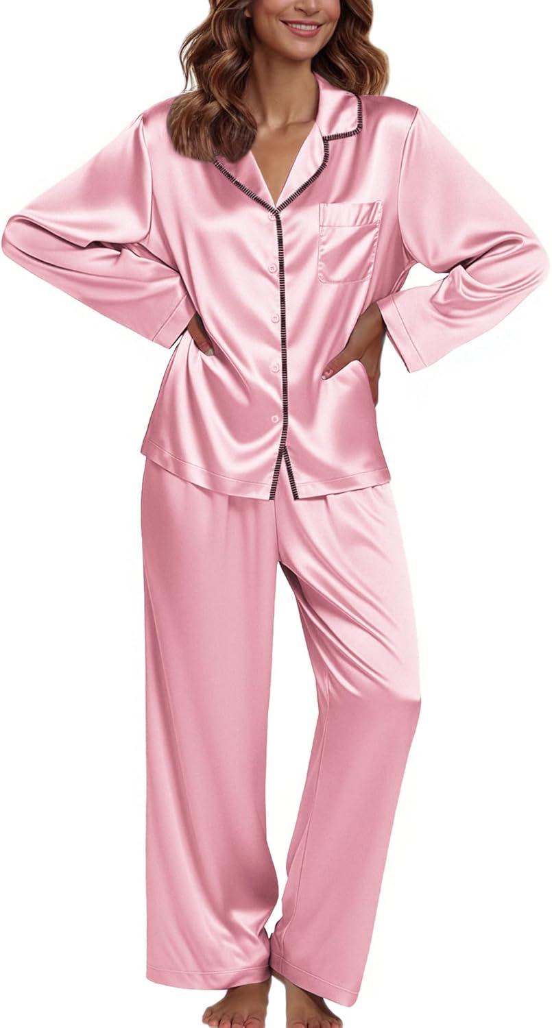Ekouaer Pajamas For Women Set Silk Pjs 2 Piece Satin Sleepwear Long Sleeve Button Down Lounge Sets With Pant