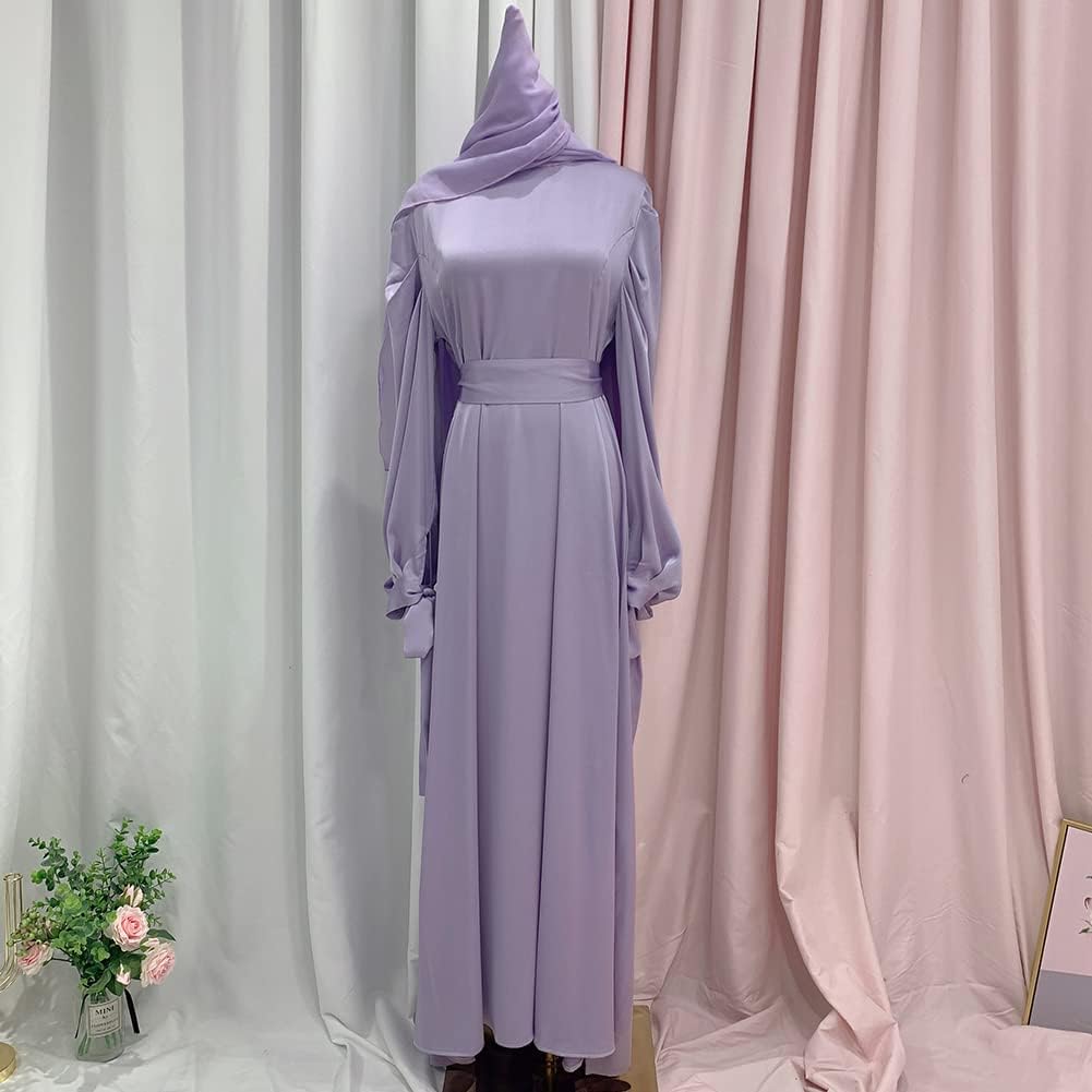 OBEEII Muslim Dress for Women Loose Full Cover Long Abaya Satin Dress Kaftan Abayas Islamic Robe S-XXL
