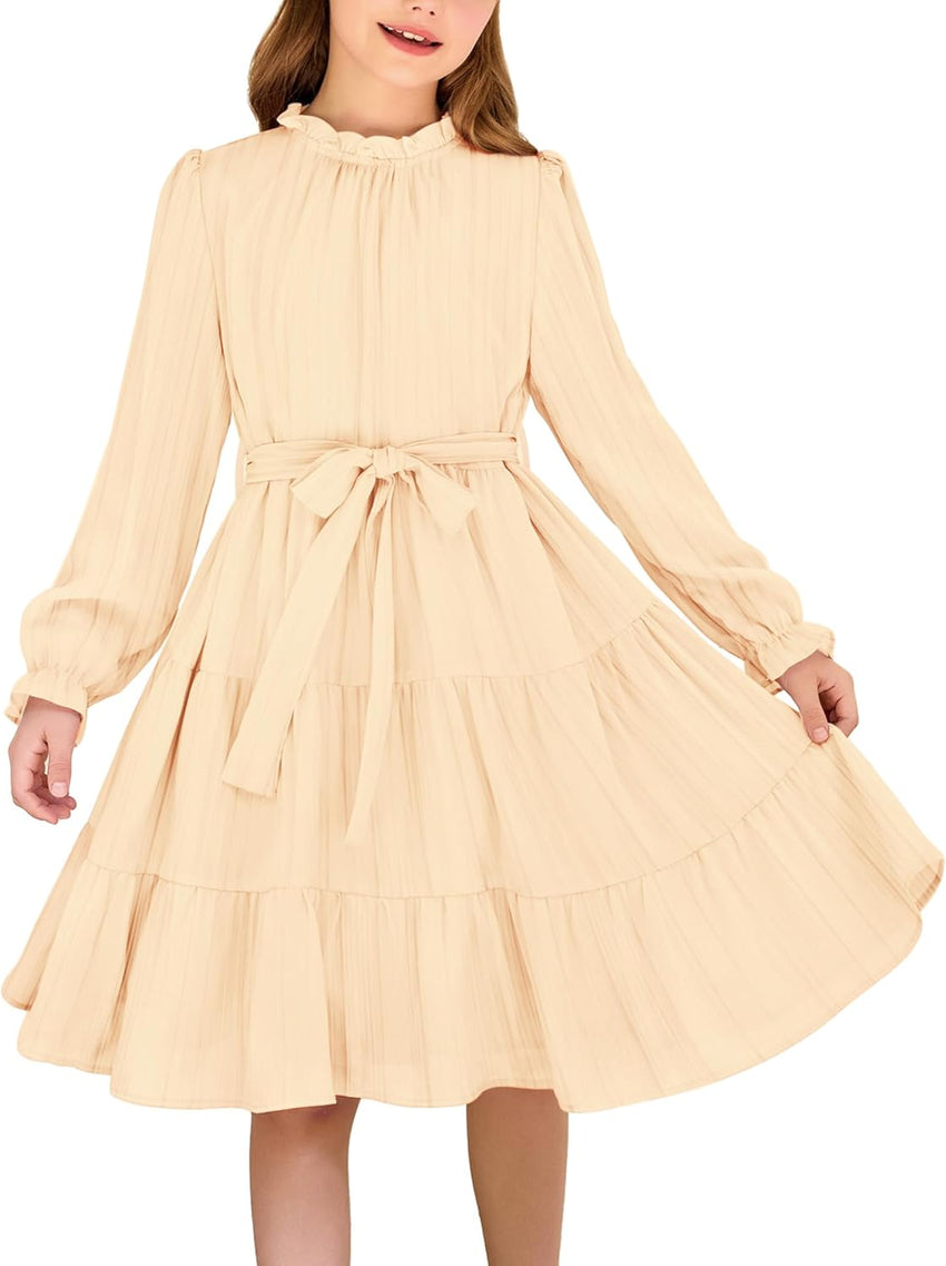 Arshiner Girls Long Sleeve Dress Tween Fall Formal Party Holiday Midi Tiered Flowy Swing Dresses with Belt 5-13 Y