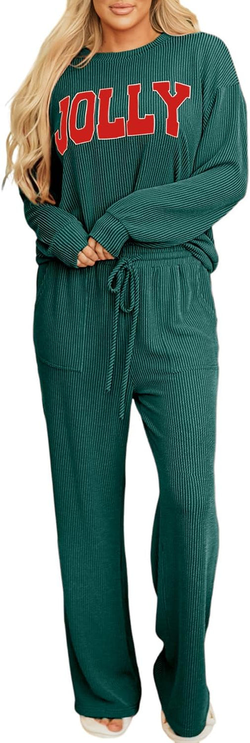 Women Pajamas Set Loungewear Ribbed Long Sleeve Top and Pants with Pockets Lounge Sweatsuit Set