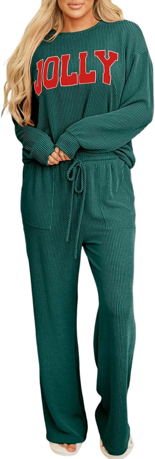 Women Pajamas Set Loungewear Ribbed Long Sleeve Top and Pants with Pockets Lounge Sweatsuit Set