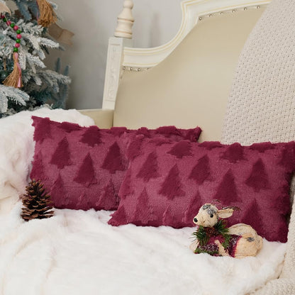 GEEORY Christmas Pillow Covers 18x18 Inch Set of 2, Christmas Decorations Xmas Tree Soft Plush Fluffy Faux Fur Decorative Throw Pillows Rustic Winter Decor Cushion Case Beige Brown GC034-18