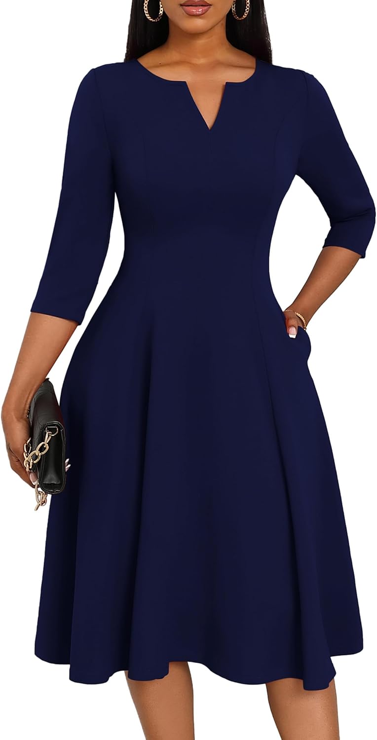 Nmoder Midi Dresses for Women A-Line Fit and Flare Dress 3/4 Sleeve V Neck Cocktail Wedding Guest Work Dress with Pockets
