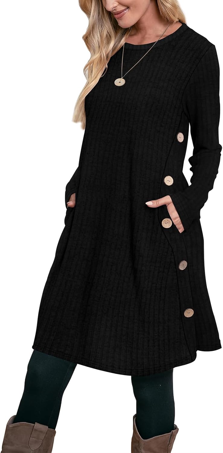 OFEEFAN Fall and Winter Tunic Dress with Pockets Long Sleeve Crew Neck Buttons Side
