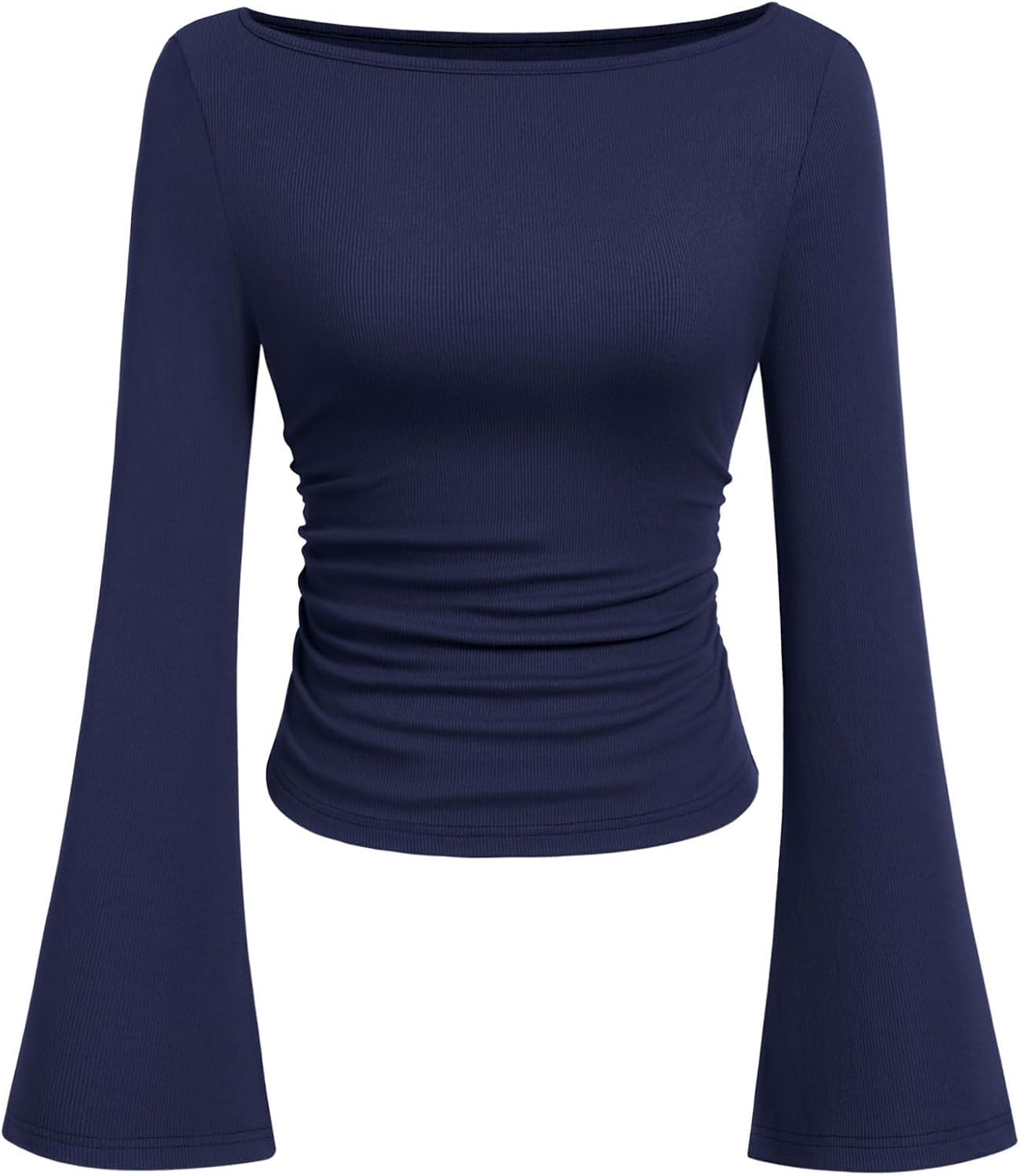 7DAY'S Women's Long Sleeve Shirts 2025 Fall Crop Going Out Tops Casual Boat Neck Bell Sleeve Ribbed Ruched Y2K Clothes