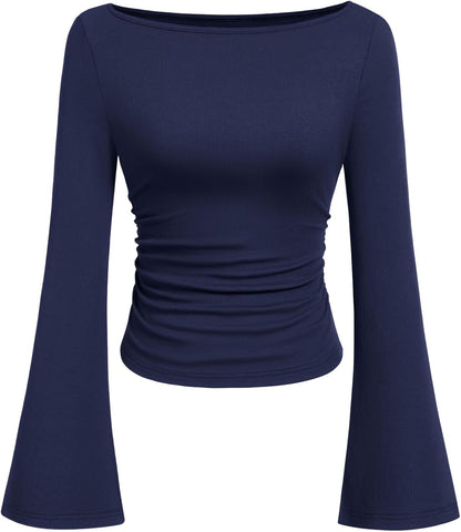 7DAY'S Women's Long Sleeve Shirts 2025 Fall Crop Going Out Tops Casual Boat Neck Bell Sleeve Ribbed Ruched Y2K Clothes