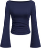 7DAY'S Women's Long Sleeve Shirts 2025 Fall Crop Going Out Tops Casual Boat Neck Bell Sleeve Ribbed Ruched Y2K Clothes