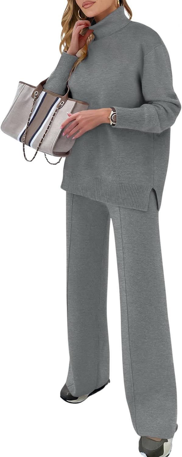 ANRABESS Womens 2 Piece Outfits Turtleneck Matching Lounge Set Sweater Top Wide Leg Pants Fall Cozy Knit Sweatsuit Loungewear