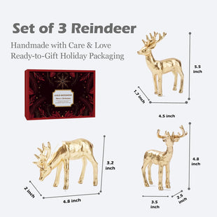 3pcs Resin Reindeer Figurines for Christmas Decor Gold Tabletop Reindeer Statues Small Decorative Deer Figurines for Indoor Christmas Tabletop Mantle Decorations