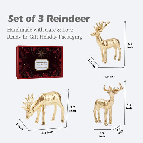 3pcs Resin Reindeer Figurines for Christmas Decor Gold Tabletop Reindeer Statues Small Decorative Deer Figurines for Indoor Christmas Tabletop Mantle Decorations